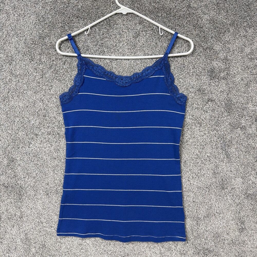 Faded Glory Camisole Tank L 12-14 Blue White Stripe Lace Stretch Layering Y2K